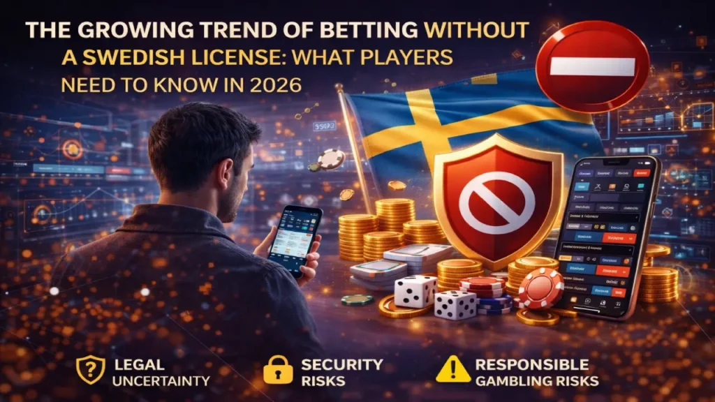 Betting without Swedish license concept with smartphone betting apps, Swedish flag, and security warning symbols