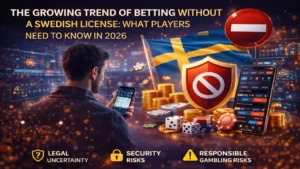 Betting without Swedish license concept with smartphone betting apps, Swedish flag, and security warning symbols