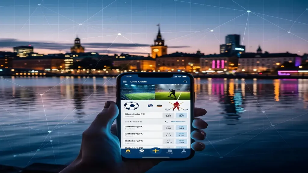 Smartphone showing live sports betting odds with city skyline and water in the background
